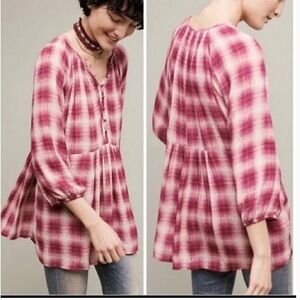 Anthro Maeve Calavon pink plaid checked button flowy top
